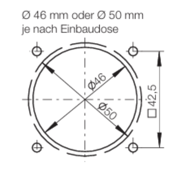 Bemaßung, nach der beim Berker Integro Einbausystem gebohrt werden muss