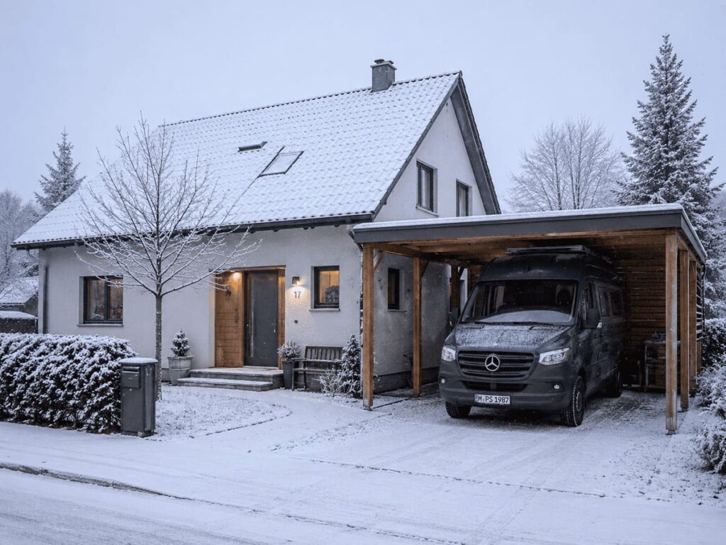 Campervan im Carport im Winter
